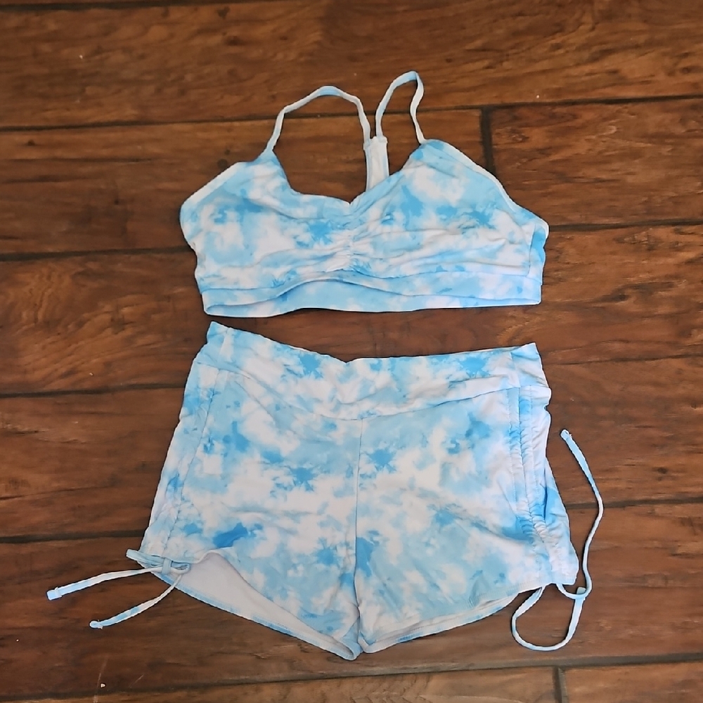 Blue and White Tie-Dye Sports Bra and Shorts Set
